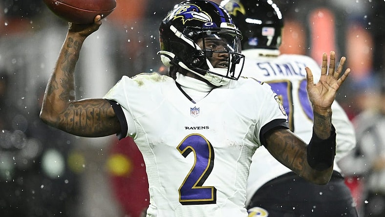 Dec 17, 2022; Cleveland, Ohio, USA; Baltimore Ravens quarterback Tyler Huntley (2) throws a pass during the second half against the Cleveland Browns at FirstEnergy Stadium. Mandatory Credit: Ken Blaze-USA TODAY Sports