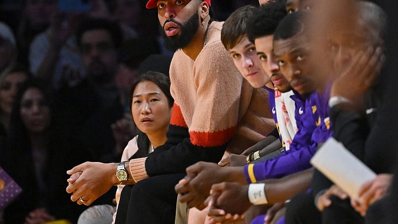 Dec 18, 2022; Los Angeles, California, USA; Los Angeles Lakers forward Anthony Davis (3) looks on from the bench in the first half against the Washington Wizards at Crypto.com Arena. Mandatory Credit: Jayne Kamin-Oncea-USA TODAY Sports