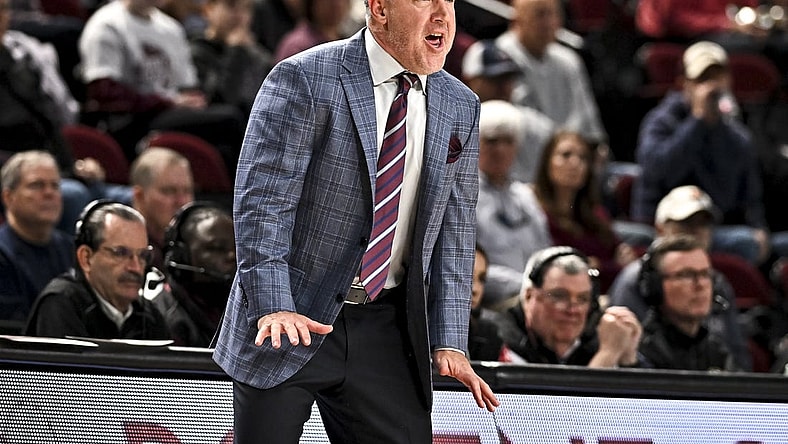 Dec 20, 2022; College Station, Texas, USA; Texas A&M Aggies head coach Buzz Williams reacts during the first half against the Wofford Terriers at Reed Arena. Mandatory Credit: Maria Lysaker-USA TODAY Sports