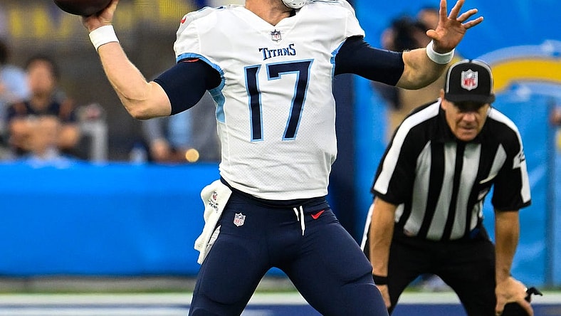 Dec 18, 2022; Inglewood, California, USA; Tennessee Titans quarterback Ryan Tannehill (17) throws a pass during the fourth quarter against the Los Angeles Chargers at SoFi Stadium. Mandatory Credit: Robert Hanashiro-USA TODAY Sports