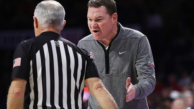 Dec 20, 2022; Tucson, Arizona, USA; Arizona Wildcats Head Coach Tommy Lloyd argues with the ref in the first half at McKale Center. Mandatory Credit: Zachary BonDurant-USA TODAY Sports
