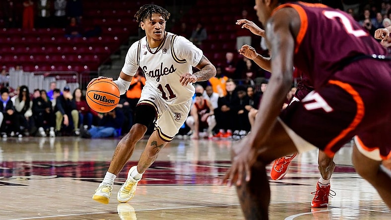 Dec 21, 2022; Chestnut Hill, Massachusetts, USA; Boston College Eagles guard Makai Ashton-Langford (11) drives to the net during overtime against the Virginia Tech Hokies at Conte Forum. Mandatory Credit: Eric Canha-USA TODAY Sports
