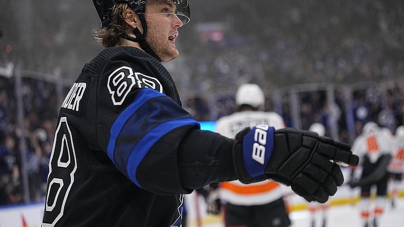 Dec 22, 2022; Toronto, Ontario, CAN; Toronto Maple Leafs forward William Nylander (88) reacts after scoring against the Philadelphia Flyers during the third period at Scotiabank Arena. Mandatory Credit: John E. Sokolowski-USA TODAY Sports