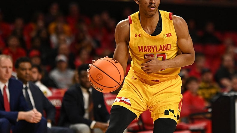 Dec 22, 2022; College Park, Maryland, USA;  Maryland Terrapins guard Ian Martinez (23) dribbles during the second half St. Peter's Peacocks at Xfinity Center. Mandatory Credit: Tommy Gilligan-USA TODAY Sports