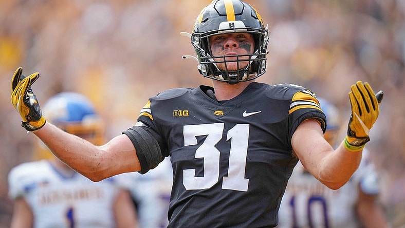 Iowa linebacker Jack Campbell reacts after making a tackle against South Dakota State during a NCAA football game on Saturday, Sept. 3, 2022, at Kinnick Stadium in Iowa City.

Iowavssdsu 20220903 Bh