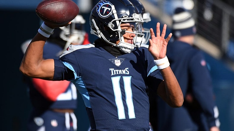Dec 24, 2022; Nashville, Tennessee, USA; Tennessee Titans quarterback Joshua Dobbs (11) warms up before the game against the Houston Texans at Nissan Stadium. Mandatory Credit: Christopher Hanewinckel-USA TODAY Sports
