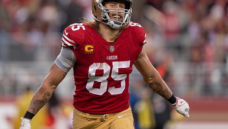 Dec 24, 2022; Santa Clara, California, USA;  San Francisco 49ers tight end George Kittle (85) celebrates during the fourth quarter against the Washington Commanders at Levi's Stadium. Mandatory Credit: Stan Szeto-USA TODAY Sports