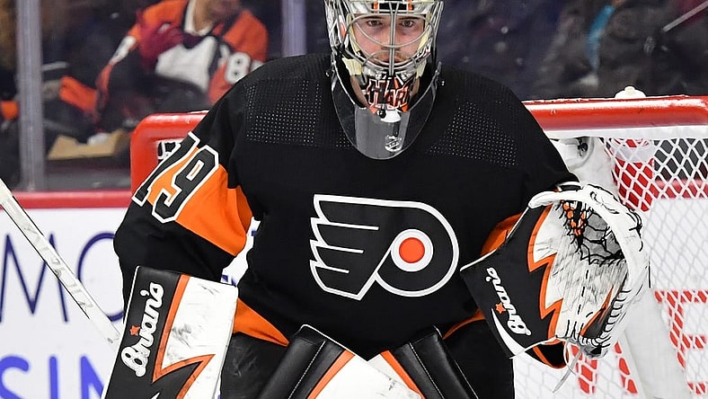 Dec 17, 2022; Philadelphia, Pennsylvania, USA; Philadelphia Flyers goaltender Carter Hart (79) against the New York Rangers at Wells Fargo Center. Mandatory Credit: Eric Hartline-USA TODAY Sports