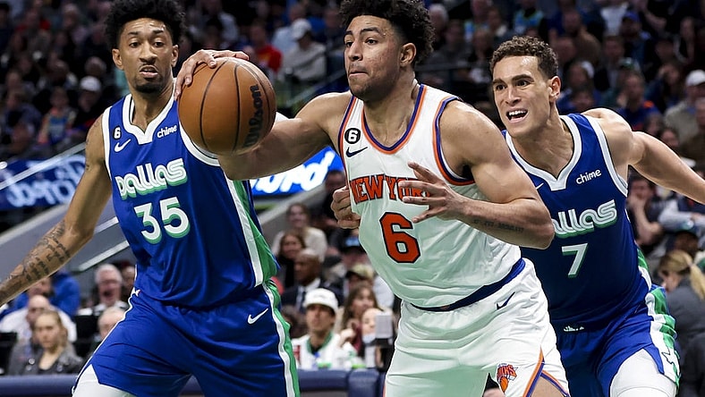 Dec 27, 2022; Dallas, Texas, USA;  New York Knicks guard Quentin Grimes (6) looks to score as Dallas Mavericks center Dwight Powell (7) and Dallas Mavericks forward Christian Wood (35) defend during the second quarter at American Airlines Center. Mandatory Credit: Kevin Jairaj-USA TODAY Sports