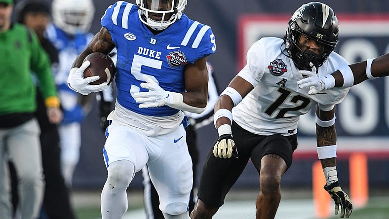 Dec 28, 2022; Annapolis, Maryland, USA; Duke Blue Devils wide receiver Jalon Calhoun (5) rushes during the first half against the Central Florida Knights in the 2022 Military Bowl at Navy-Marine Corps Memorial Stadium. Mandatory Credit: Tommy Gilligan-USA TODAY Sports