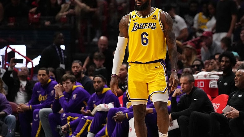 Dec 28, 2022; Miami, Florida, USA; Los Angeles Lakers forward LeBron James (6) reacts after a foul call on the court during the first half against the Miami Heat at FTX Arena. Mandatory Credit: Jasen Vinlove-USA TODAY Sports