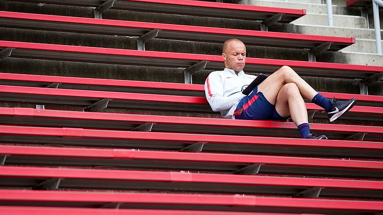 Earnie Stewart, a former U.S. national team player and the current general manager of the U.S. Men's national team, sits in the stands while The U.S. Men's National Team trains at Nippert Stadium Friday, June 7, 2019.

Usmen6