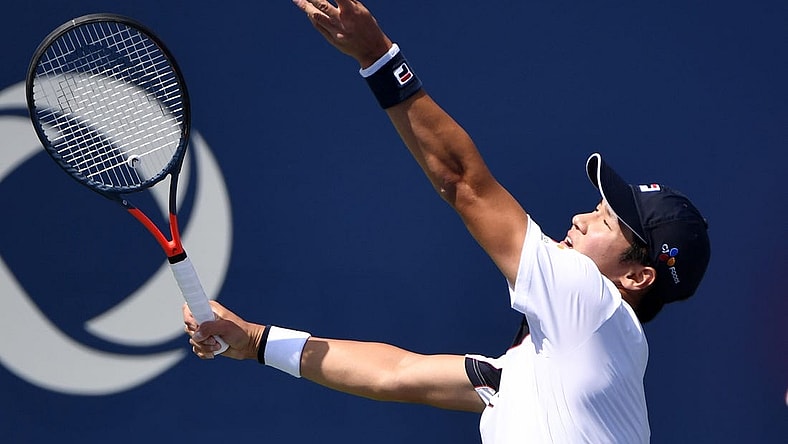 Aug 4, 2019; Montreal, Quebec, Canada; Soonwoo Kwon of South Korea serves against John Millman of Australia (not pictured) during the Rogers Cup tennis tournament at Stade IGA. Mandatory Credit: Eric Bolte-USA TODAY Sports
