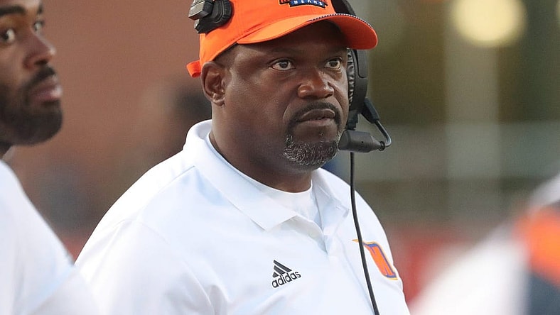 Morgan State Bears head coach Tyrone Wheatley on the sidelines during action against the Bowling Green Falcons Thursday August 29, 2019 at Doyt L. Perry Stadium in Bowling Green, Ohio.
Bowling Green