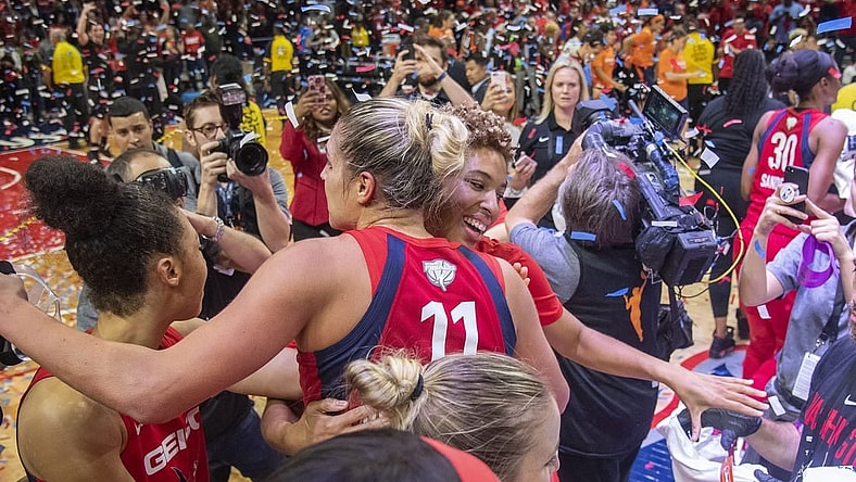 Oct 10, 2019; Washington, DC, USA; Washington Mystics player celebrate after game five of the 2019 WNBA Finals at Entertainment and Sports Ar. Mandatory Credit: Brad Mills-USA TODAY Sports