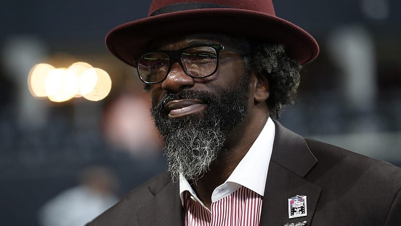 Nov 24, 2019; Atlanta, GA, USA; Former Baltimore Ravens safety Ed Reed is shown on the sideline before the Atlanta Falcons game against the Tampa Bay Buccaneers at Mercedes-Benz Stadium. Mandatory Credit: Jason Getz-USA TODAY Sports