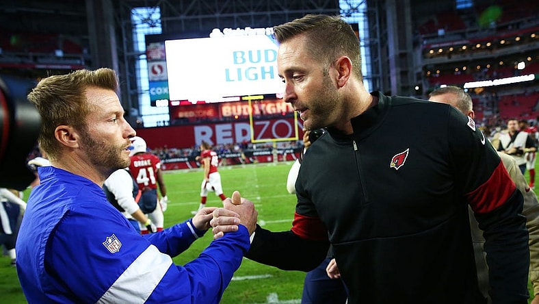 Los Angeles head coach Sean McVay greets Arizona head coach Kliff Kingsbury after the Rams defeated the Cardinals 34-7 during a game on Dec. 1, 2019 in Glendale, Ariz.

Los Angeles Rams Vs Arizona Cardinals 2019