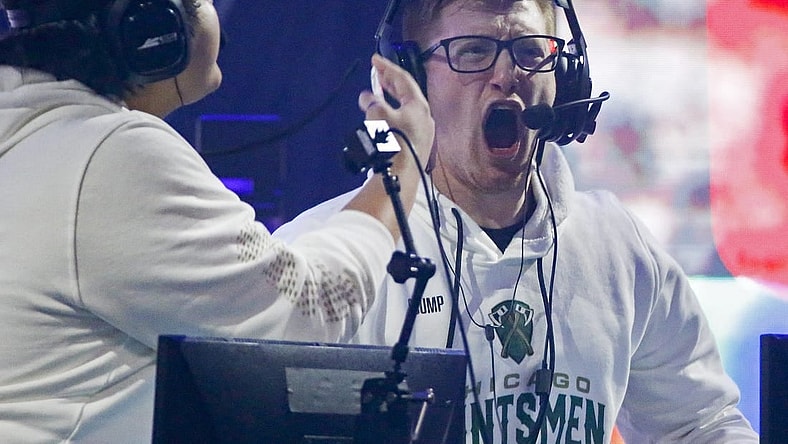 Jan 24, 2020; Minneapolis, Minnesota, USA; Seth "Scump" Abner of the Chicago Huntsmen celebrates after defeating the Dallas Empire during the Call of Duty League Launch Weekend at The Armory. Mandatory Credit: Bruce Kluckhohn-USA TODAY Sports