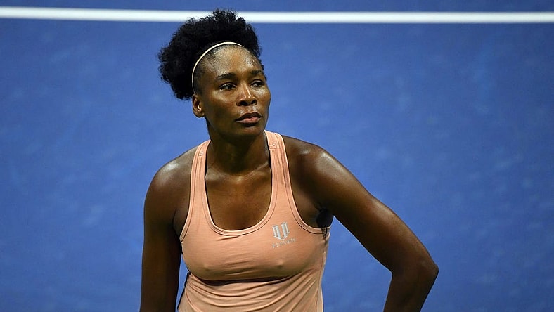 Sep 1, 2020; Flushing Meadows, New York, USA; Venus Williams of the United States reacts against Karolina Muchova of Russia on day two of the 2020 U.S. Open tennis tournament at USTA Billie Jean King National Tennis Center. Mandatory Credit: Robert Deutsch-USA TODAY Sports
