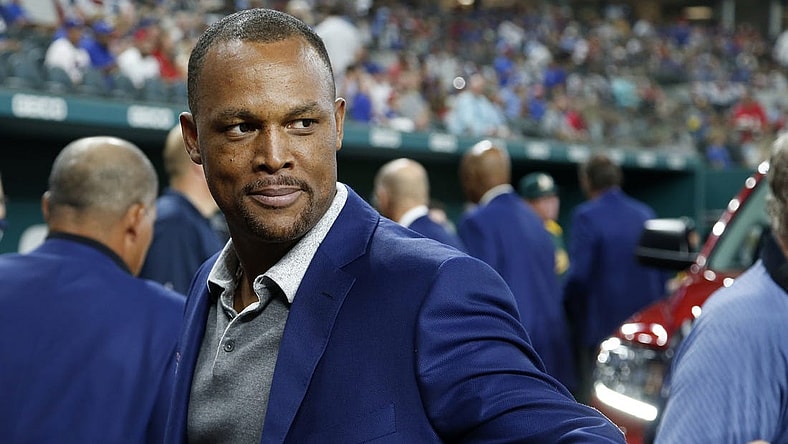 Aug 14, 2021; Arlington, Texas, USA; Former Texas Rangers third baseman Adrian Beltre leaves the field after being inducted into the Texas Rangers Baseball Hall of Fame before the game against the Oakland Athletics at Globe Life Field. Mandatory Credit: Tim Heitman-USA TODAY Sports