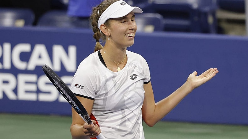 Sep 3, 2021; Flushing, NY, USA; Elise Mertens of Belgium reacts after her match against Ons Jabeur of Tunisia (not pictured) on day five of the 2021 U.S. Open tennis tournament at USTA Billie Jean King National Tennis Center. Mandatory Credit: Geoff Burke-USA TODAY Sports