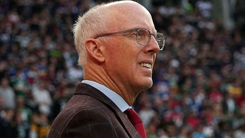 Oct 10, 2021; London, England, United Kingdom; Atlanta Falcons president Rich McKay watches from the sidelines in the fourth quarter against the New York Jets during an NFL International Series game at Tottenham Hotspur Stadium. The Falcons defeated the Jets 27-20. Mandatory Credit: Kirby Lee-USA TODAY Sports
