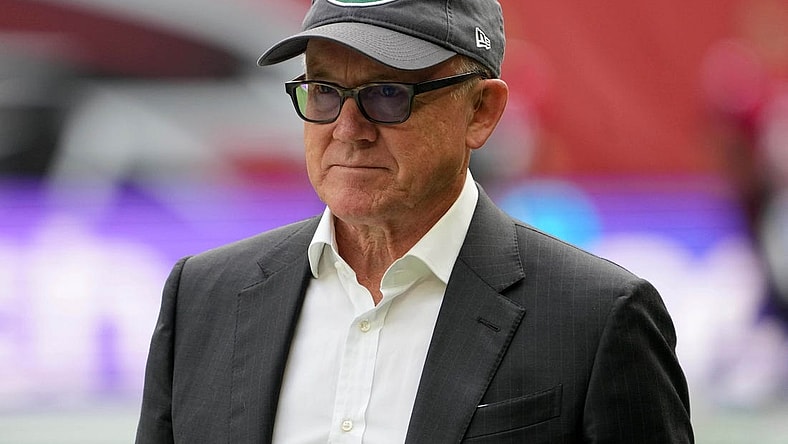Oct 10, 2021; London, England, United Kingdom; New York Jets owner Woody Johnson reacts during an NFL International Series game against the Atlanta Falcons at Tottenham Hotspur Stadium. The Falcons defeated the Jets 27-20. Mandatory Credit: Kirby Lee-USA TODAY Sports