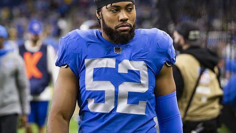 Jan 9, 2022; Detroit, Michigan, USA; Detroit Lions linebacker Jessie Lemonier (52) walks off the field just after the second quarter against the Green Bay Packers at Ford Field. Mandatory Credit: Raj Mehta-USA TODAY Sports