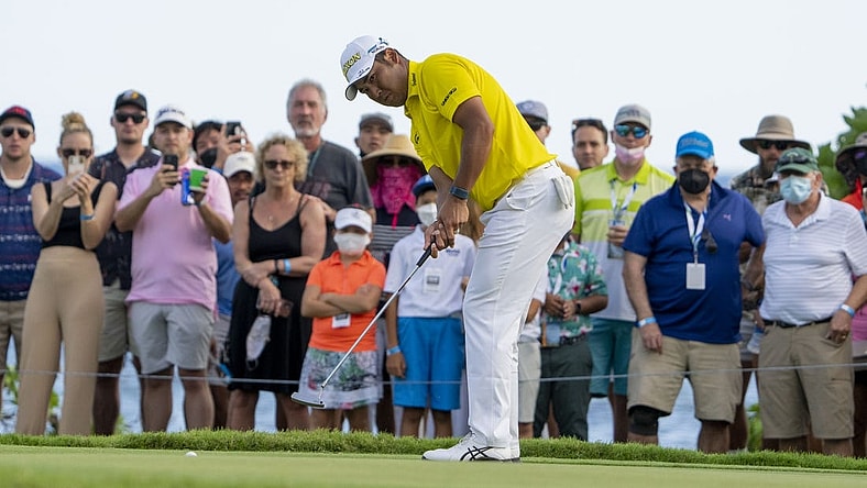 January 16, 2022; Honolulu, Hawaii, USA; Hideki Matsuyama putts on the 17th hole during the final round of the Sony Open in Hawaii golf tournament at Waialae Country Club. Mandatory Credit: Kyle Terada-USA TODAY Sports
