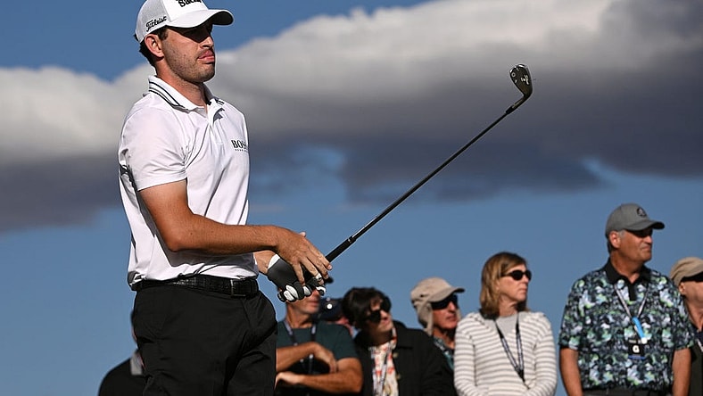Jan 22, 2022; La Quinta, California, USA; Patrick Cantlay watches his shot on the 17th tee during the third round of the American Express golf tournament at Peter Dye Stadium Course. Mandatory Credit: Orlando Ramirez-USA TODAY Sports