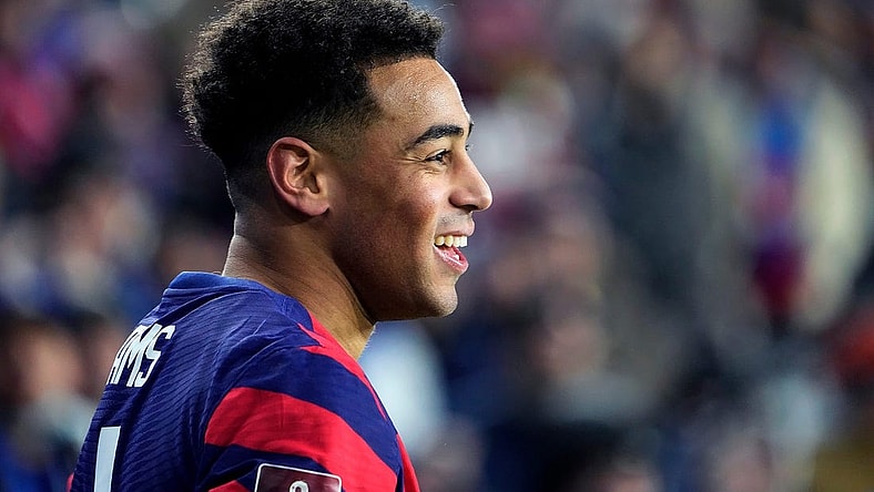 Jan 27, 2022; Columbus, Ohio, USA; US midfielder Tyler Adams (4) smiles at the El Salvador team after the call foul on him in the second half of their 2022 FIFA World Cup Qualifying game at Lower.com Field in Columbus, Ohio on January 27, 2022. Mandatory Credit: Kyle Robertson-USA TODAY NETWORK
