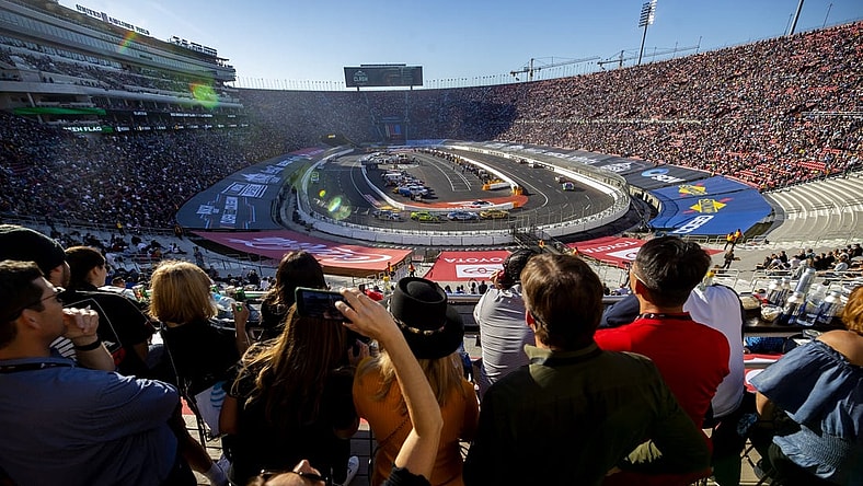 Feb 6, 2022; Los Angeles, California, USA; NASCAR Cup Series fans watch as the field of drivers race during the Busch Light Clash at The Coliseum at Los Angeles Memorial Coliseum. Mandatory Credit: Mark J. Rebilas-USA TODAY Sports