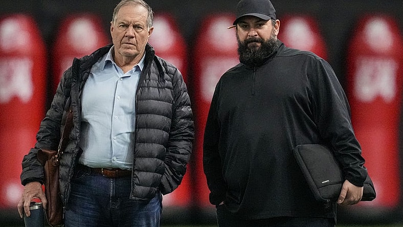 Mar 16, 2022; Atlanta, GA, USA; New England Patriots head coach Bill Belichick and senior advisor Matt Patricia watch during Georgia Pro Day at William Porter Payne and Porter Otis Payne Indoor Athletic Facility. Mandatory Credit: Dale Zanine-USA TODAY Sports