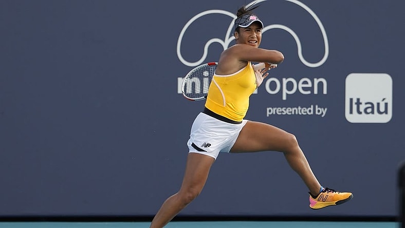 Mar 24, 2022; Miami Gardens, FL, USA; Heather Watson (GBR) hits a forehand against Elina Svitolina (UKR) (not pictured) in a second round women's singles match in the Miami Open at Hard Rock Stadium. Mandatory Credit: Geoff Burke-USA TODAY Sports