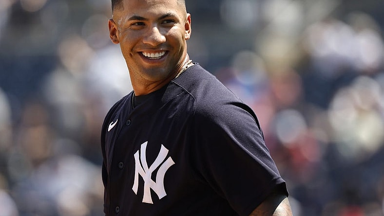 Apr 5, 2022; Tampa, Florida, USA; New York Yankees second baseman Gleyber Torres (25) smiles during the fourth inning against the Detroit Tigers during spring training at George M. Steinbrenner Field. Mandatory Credit: Kim Klement-USA TODAY Sports