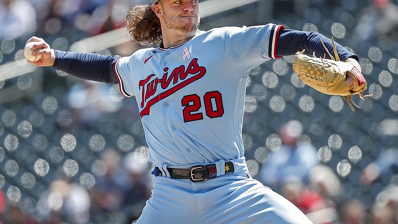 May 8, 2022; Minneapolis, Minnesota, USA; Minnesota Twins starting pitcher Chris Paddack (20) throws to the Oakland Athletics in the second inning at Target Field. Mandatory Credit: Bruce Kluckhohn-USA TODAY Sports