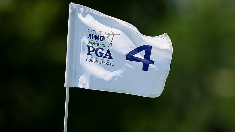 Jun 26, 2022; Bethesda, Maryland, USA; A view of the flag on the fourth green during the final round of the KPMG Women's PGA Championship golf tournament at Congressional Country Club. Mandatory Credit: Scott Taetsch-USA TODAY Sports
