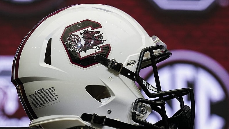 Jul 19, 2022; Atlanta, GA, USA; The South Carolina helmet on the stage during SEC Media Days at the College Football Hall of Fame. Mandatory Credit: Dale Zanine-USA TODAY Sports