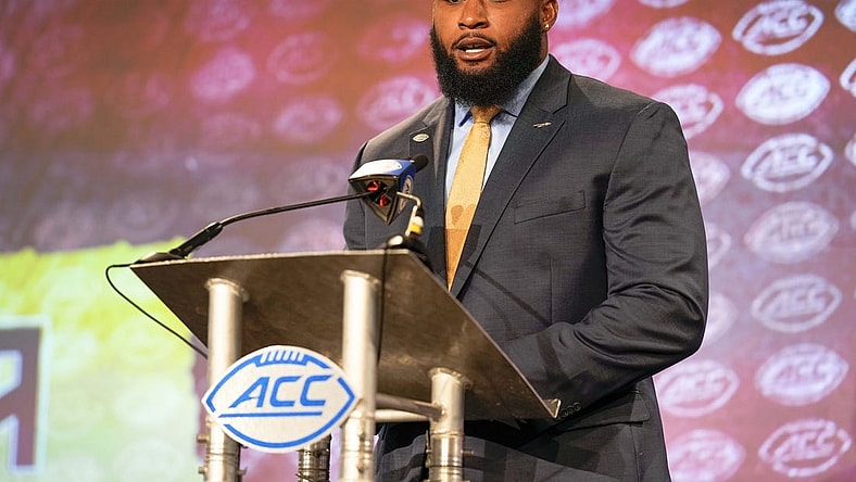 Jul 20, 2022; Charlotte, NC, USA; Florida State defensive tackle Fabien Lovett speaks to the media during ACC Media Days at the Westin Hotel in Charlotte.  Mandatory Credit: Jim Dedmon-USA TODAY Sports