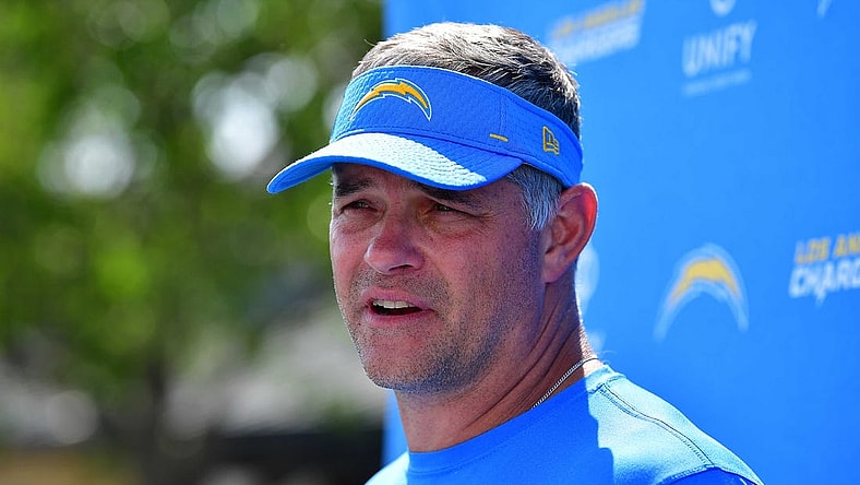 Jul 28, 2022; Costa Mesa, CA, USA; Los Angeles Chargers offensive coordinator Joe Lombardi speaks following training camp activities at Jack Hammett Sports Complex. Mandatory Credit: Gary A. Vasquez-USA TODAY Sports
