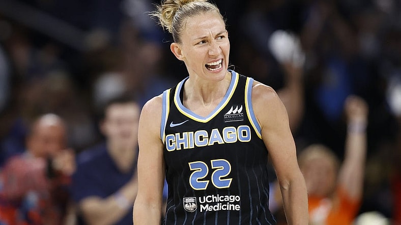 Aug 20, 2022; Chicago, Illinois, USA; Chicago Sky guard Courtney Vandersloot (22) reacts during the second half of Game 2 of the first round of the WNBA playoffs against the New York Liberty at Wintrust Arena. Mandatory Credit: Kamil Krzaczynski-USA TODAY Sports