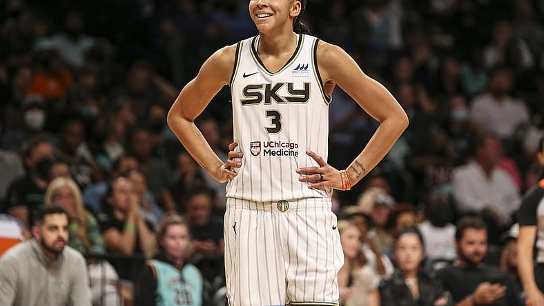 Aug 23, 2022; Brooklyn, New York, USA; Chicago Sky forward Candace Parker (3) reacts after being called for a foul in the third quarter against the New York Liberty at Barclays Center. Mandatory Credit: Wendell Cruz-USA TODAY Sports