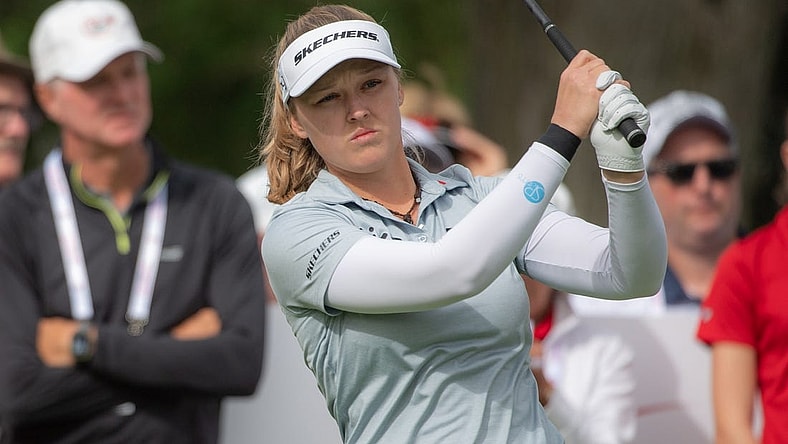Aug 27, 2022; Ottawa, Ontario, CAN; Brooke Henderson from Canada looks up the fairway of the 1st hole after teeing off during the third round of the CP Women's Open golf tournament. Mandatory Credit: Marc DesRosiers-USA TODAY Sports
