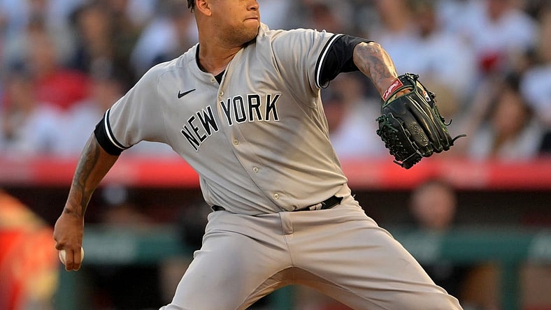 Aug 29, 2022; Anaheim, California, USA; New York Yankees starting pitcher Frankie Montas (47) throws to the plate in the first inning against the Los Angeles Angels at Angel Stadium. Mandatory Credit: Jayne Kamin-Oncea-USA TODAY Sports