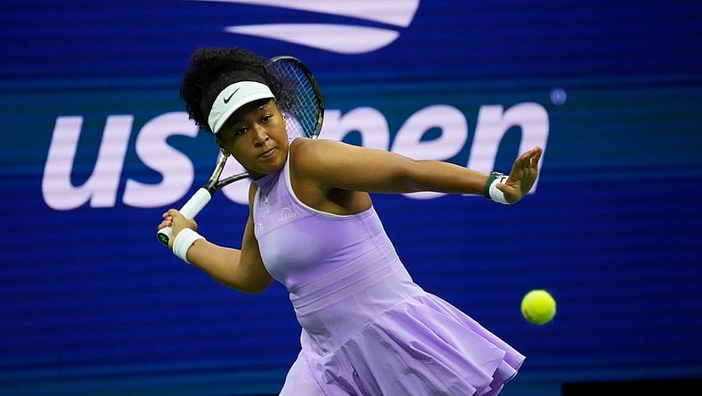 Aug 30, 2022; Flushing, NY, USA;    NaomiOsaka of Japan hits to Danielle Collins of the USA on day two of the 2022 U.S. Open tennis tournament at USTA Billie Jean King National Tennis Center. Mandatory Credit: Robert Deutsch-USA TODAY Sports