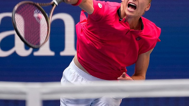 Sept 3, 2022; Flushing, NY, USA;  Jenson Brooksby of the USA hits to Carlos Alcaraz of Spain on day six of the 2022 U.S. Open tennis tournament at USTA Billie Jean King National Tennis Center. Mandatory Credit: Robert Deutsch-USA TODAY Sports