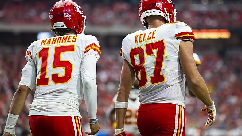 Sep 11, 2022; Glendale, Arizona, USA; Detailed view of the jersey of Kansas City Chiefs quarterback Patrick Mahomes (15) and tight end Travis Kelce (87) against the Arizona Cardinals at State Farm Stadium. Mandatory Credit: Mark J. Rebilas-USA TODAY Sports