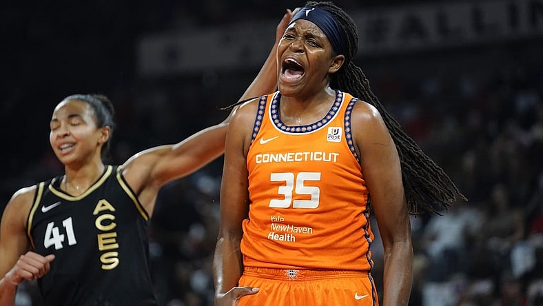 Sep 13, 2022; Las Vegas, Nevada, USA; forward Jonquel Jones (35) reacts to a call during the first quarter against the Las Vegas Aces in game two of the WNBA Finals at Michelob Ultra Arena. Mandatory Credit: Lucas Peltier-USA TODAY Sports