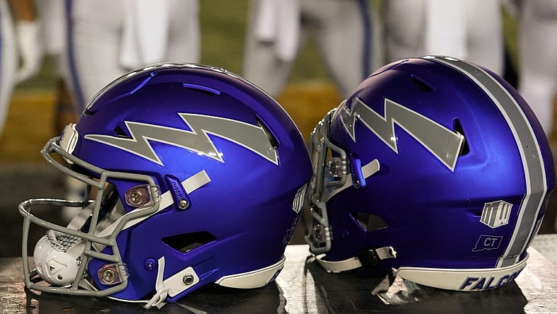 Sep 16, 2022; Laramie, Wyoming, USA; A general view of  Air Force Falcons helmets against  the Wyoming Cowboys during the third quarter at Jonah Field at War Memorial Stadium. Mandatory Credit: Troy Babbitt-USA TODAY Sports