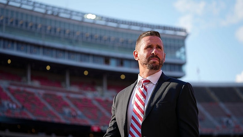Sep 17, 2022; Columbus, Ohio, USA; Ohio State Buckeyes passing game coordinator Brian Hartline walks across the field prior to the NCAA Division I football game against the Toledo Rockets at Ohio Stadium. Mandatory Credit: Adam Cairns-The Columbus Dispatch

Ncaa Football Toledo Rockets At Ohio State Buckeyes